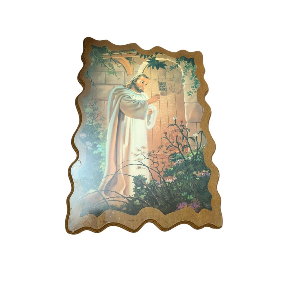 Vintage Jesus Knocking‎ Wood Decoupage Litho Print/Wall Plaque Lacquered Wood